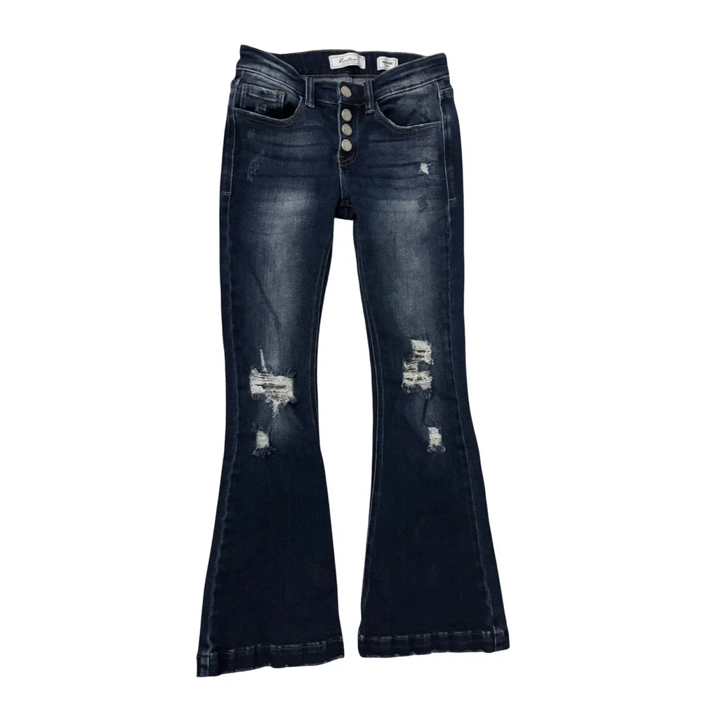 KanCan Jeans Girls Size 12 Mid Rise Flare Dark Wash Distressed Button Fly VBK147